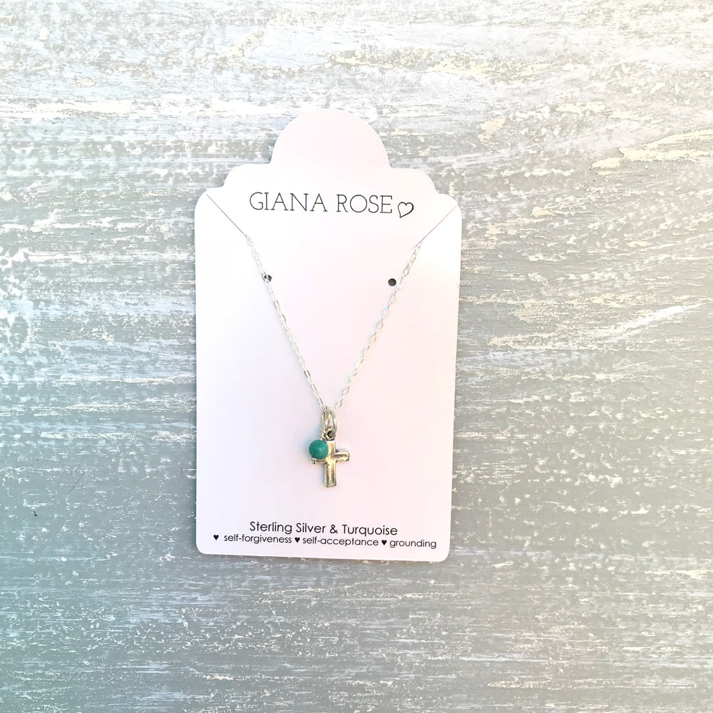 GR02-STERLING SILVER SMALL CROSS TURQUOISE 16IN CHAIN NECKLACE