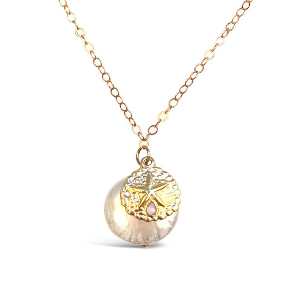 WR12-14KT GOLD FILL LARGE COIN FRESHWATER PEARL AND SAND DOLLAR NECKLACE ON A 18 INCH CHAIN