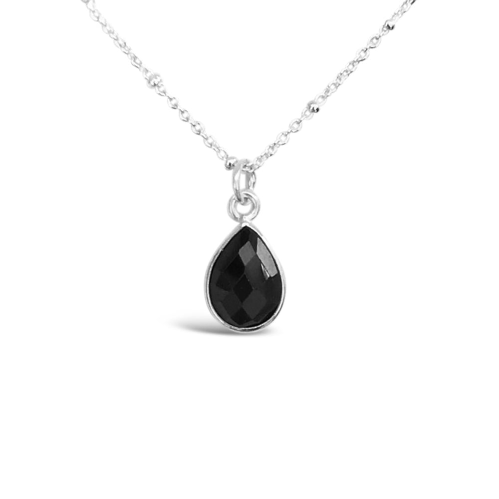 GR74-STERLING SILVER PEAR SHAPED BLACK ONYX 16IN CHAIN NECKLACE