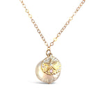 WR12-14KT GOLD FILL LARGE COIN FRESHWATER PEARL AND SAND DOLLAR NECKLACE ON A 18 INCH CHAIN