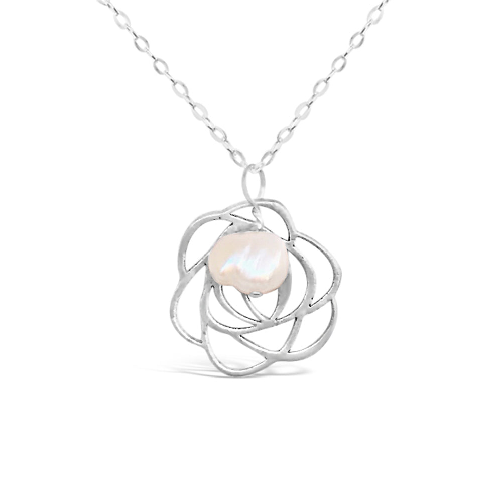 GR20-STERLING SILVER ROSE FRESHWATER PEARL 18IN CHAIN NECKLACE