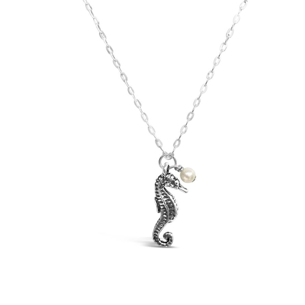 GR24-STERLING SILVER SMALL SEAHORSE FRESHWATER PEARL 16IN CHAIN NECKLACE